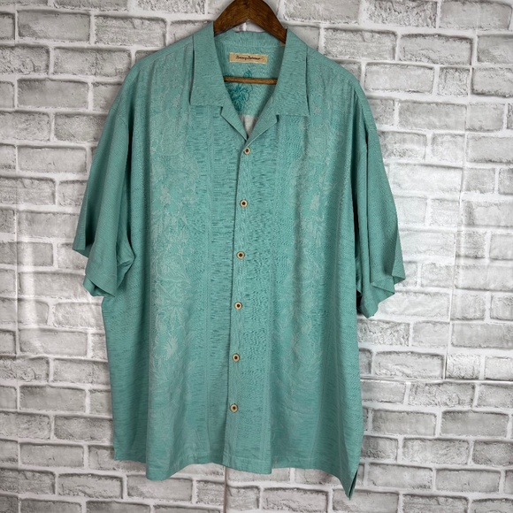 Tommy Bahama Hawaiian Silk Mint Green Embroidered Tropical Camp Shirt Mens 2XL - Picture 1 of 6